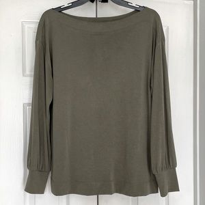 LOFT green boatneck top with long blouson sleeves